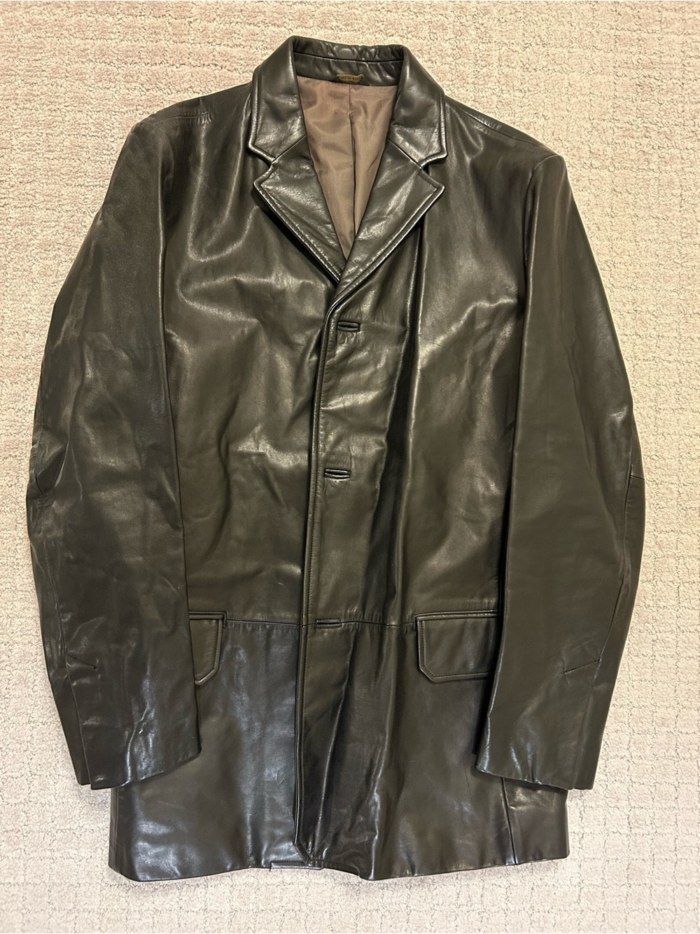 Vintage Banana Republic Men's Dark Olive Black Leather Blazer - Medium